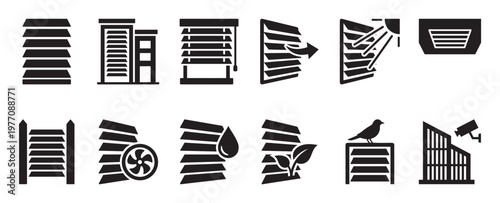 Collection of black silhouette icons representing various types of blinds, shutters, and related concepts in a clean, graphic style