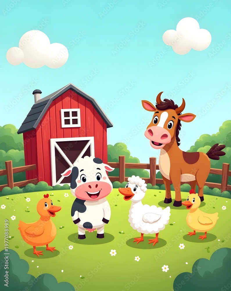 Fototapeta premium A cartoon farm scene with animals and a red barn in the countryside