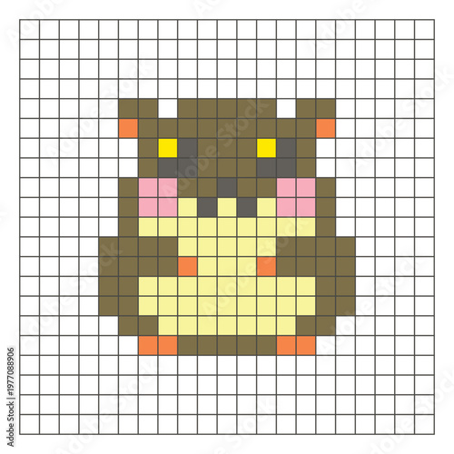 A flat pixel design made of geometric square color blocks on a clean grid layout. Pixel art hamster