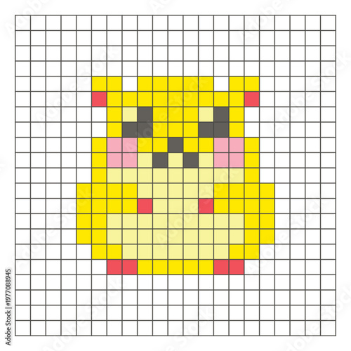 A flat pixel design made of geometric square color blocks on a clean grid layout. Pixel art hamster