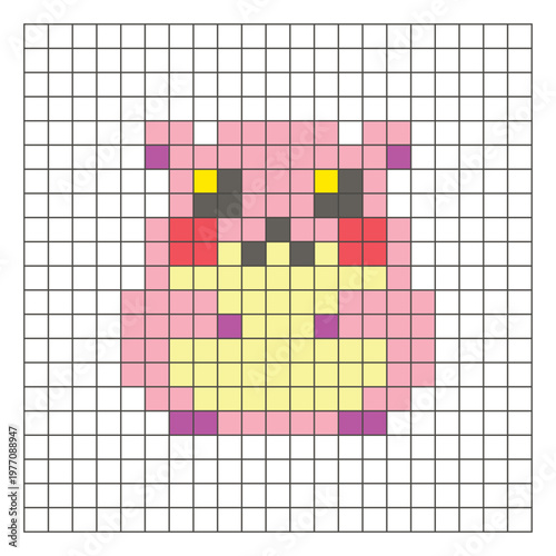 A flat pixel design made of geometric square color blocks on a clean grid layout. Pixel art hamster