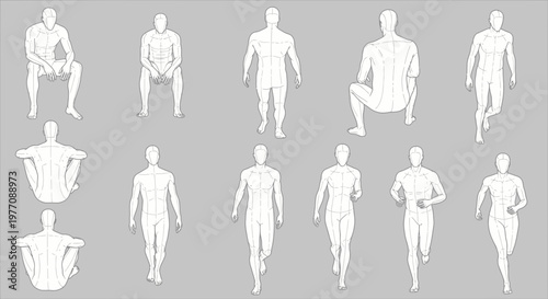 Set of Human Poses: Sitting, Squatting, Standing, Running - White Silhouettes on Gray