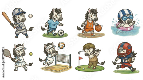 Set of Funny cartoon vector set illustration of a Zebra character playing with sport featuring an animal icon collection watercolor pastel style	Sticker design