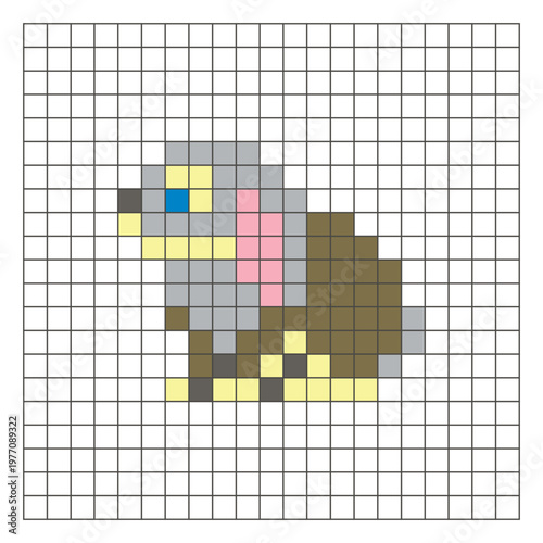 A flat pixel design made of geometric square color blocks on a clean grid layout. Pixel art rabbit
