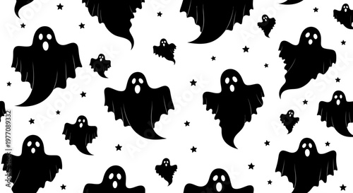 Halloween ghost seamless pattern, black spooky phantom silhouettes on white background, creepy flying spirit vector wallpaper for holiday decor