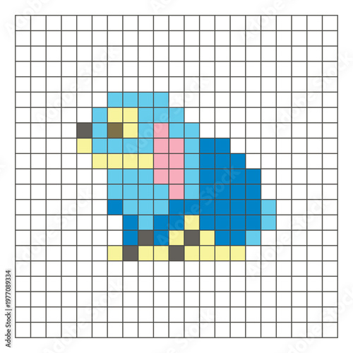 A flat pixel design made of geometric square color blocks on a clean grid layout. Pixel art rabbit