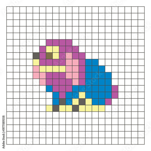 A flat pixel design made of geometric square color blocks on a clean grid layout. Pixel art rabbit