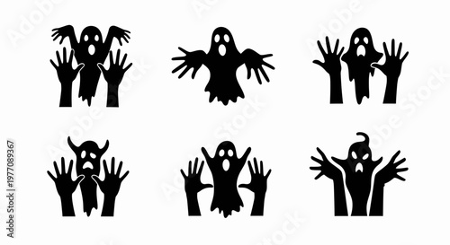 Spooky ghost silhouette collection, 6 black phantom icons with scary hands, Halloween spirit vector set for party invitations and decor