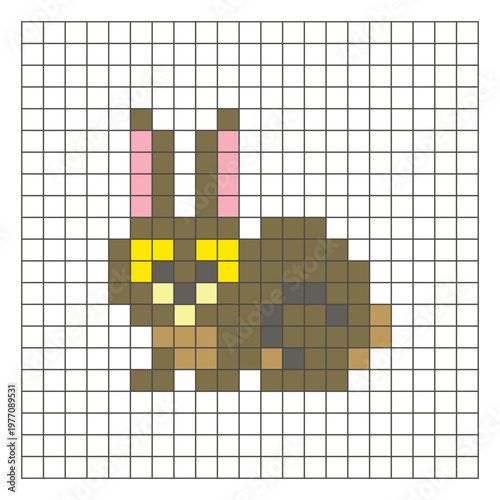 A flat pixel design made of geometric square color blocks on a clean grid layout. Pixel art rabbit