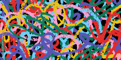 Grunge rainbow scribble pattern, multicolored doodle ribbon background, rough chalk or wax crayon texture, color scribble backdrop. Hand drawn vector illustration isolated on black background