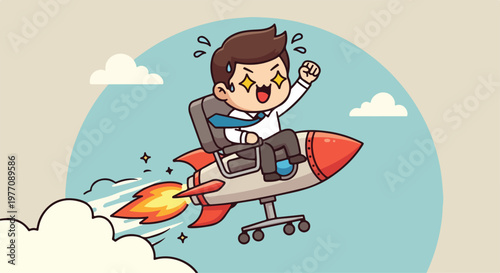 Cartoon boy flying on a rocket-powered skateboard through the sky with clouds and a cheerful expression