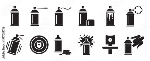 Collection of various black spray paint can icons depicting different actions and states, presented in a clean, graphic style