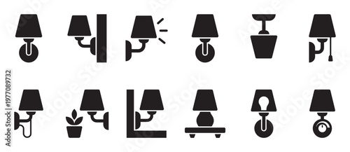 Collection of various black lamp icons featuring different styles, including wall-mounted, ceiling, and table lamps, depicted in a clean, modern graphic design