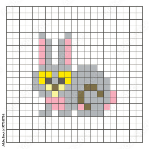 A flat pixel design made of geometric square color blocks on a clean grid layout. Pixel art rabbit