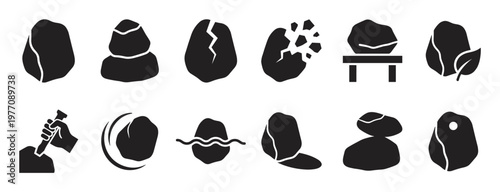 Collection of black silhouette rock and stone icons, depicting various shapes, textures, and interactions in a simple, graphic style