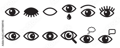 Various black and white eye icons representing different states of vision, emotion, and perception in a clean, minimalist style
