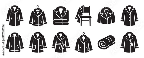 Various black and white coat and jacket icons display different styles, folds, and hanging methods in a clean, graphic illustration