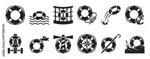 Collection of twelve black and white lifebuoy icons depicting various nautical and safety scenarios in a clean, graphic style
