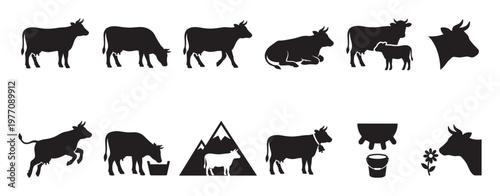 Collection of diverse cow silhouettes in various poses and activities, including a calf, udder, and mountains, presented as a graphic design element