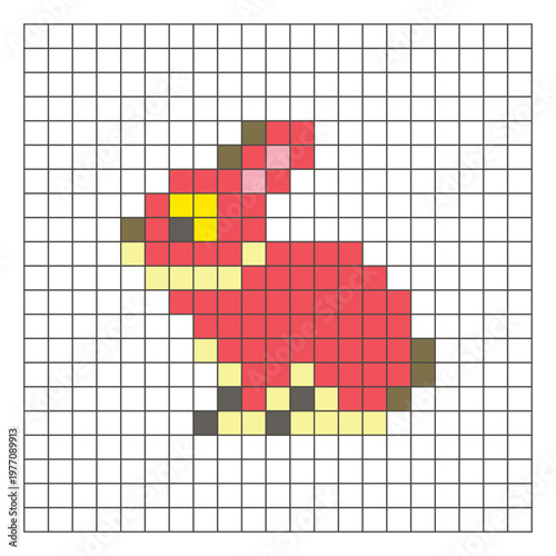 A flat pixel design made of geometric square color blocks on a clean grid layout. Pixel art rabbit