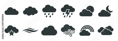 Collection of dark gray weather icons depicting various atmospheric conditions like sunny, cloudy, rainy, stormy, windy, and a rainbow