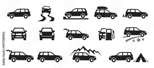 Black silhouette SUV car icons depict various travel and driving scenarios in a clean, graphic style