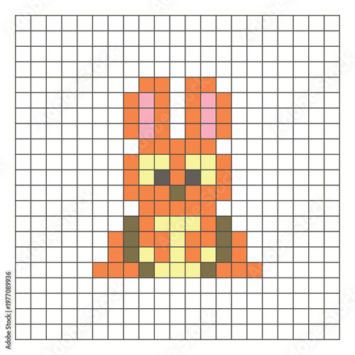 A flat pixel design made of geometric square color blocks on a clean grid layout. Pixel art rabbit