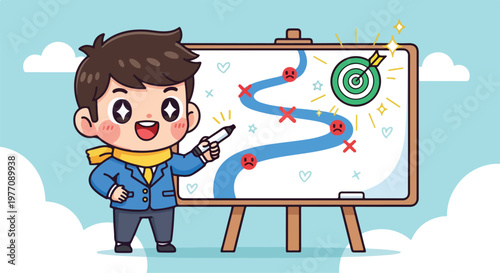 Cute cartoon boy teacher pointing at a colorful educational path on a whiteboard in a classroom setting