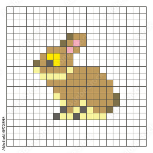 A flat pixel design made of geometric square color blocks on a clean grid layout. Pixel art rabbit