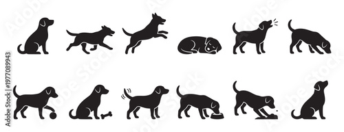 Collection of black dog silhouette icons depicting various actions and poses, including sitting, running, jumping, sleeping, barking, sniffing, playing, eating, and digging