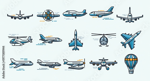 Collection of various aircraft and air transportation vehicles.