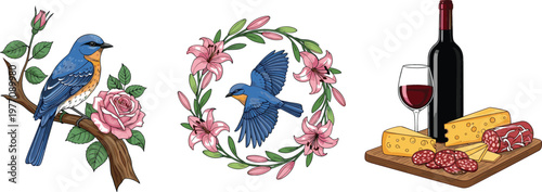 Blue bird with roses floral wreath with flying bird and wine bottle cheese charcuterie board vector illustration collection