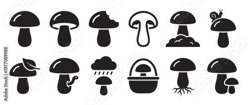 Collection of various black silhouette mushroom icons featuring different shapes, details, and natural elements, presented in a clean, graphic style