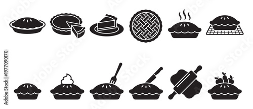 Collection of black silhouette pie icons showing whole pies, slices, baking tools, and toppings in a clean, graphic style
