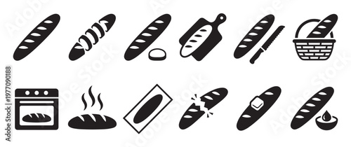 Collection of black silhouette baguette icons illustrating various stages of preparation and serving, presented in a clean, graphic style
