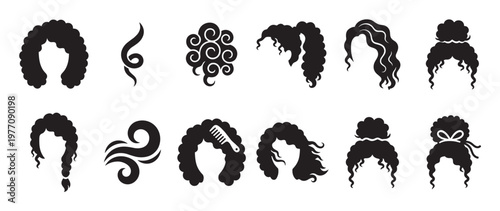 Various black curly hair silhouettes are displayed in a graphic collection, featuring different styles and accessories, presented in a clean, illustrative manner