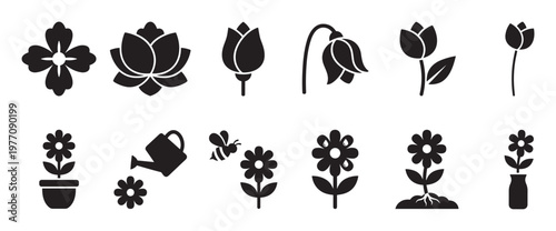 Various black silhouette flower icons and gardening elements are neatly arranged in a clean, graphic style