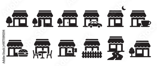 Collection of black and white store icons with various elements, including trees, cars, and food, on a clean white surface