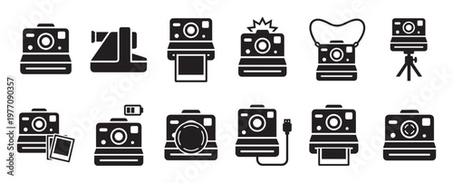 Collection of twelve black instant camera icons in various poses and states, rendered in a clean, modern flat graphic style