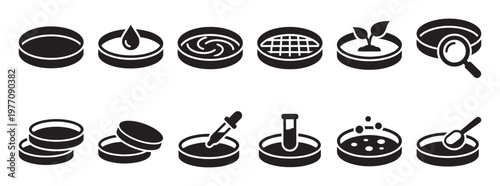 Collection of black and white petri dish icons illustrating various scientific experiments and laboratory procedures