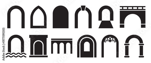 Collection of various black archway and bridge icons, showcasing different architectural styles and shapes in a clean, graphic illustration