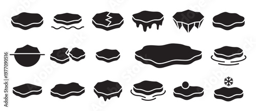 Various black silhouette ice floe and iceberg icons are neatly arranged in a grid on a clean white surface