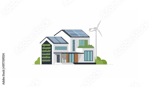 Modern eco friendly house with solar panels and wind turbine sustainable living concept vector illustration