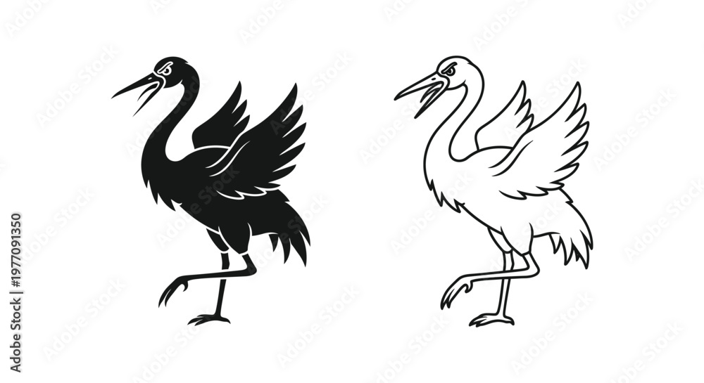 Obraz premium Black and White Crane Bird Silhouettes Vector Art Vector