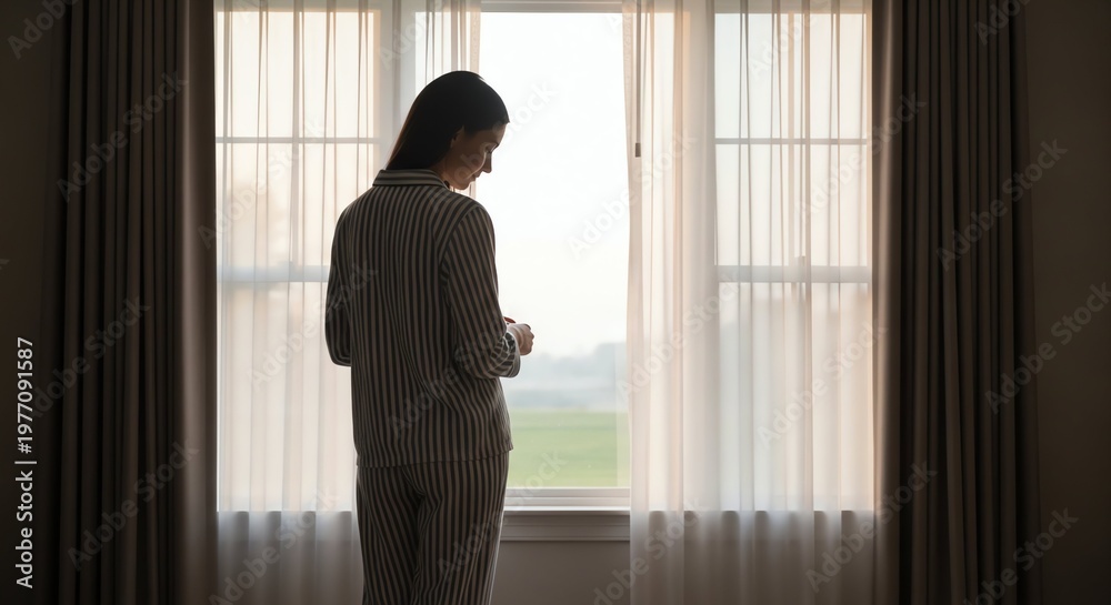 Fototapeta premium Woman in striped loungewear gazing thoughtfully out large window with soft natural light