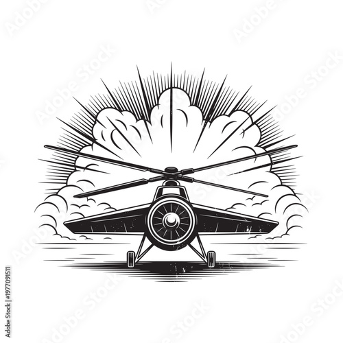Vintage style helicopter illustration with explosion and sunburst background