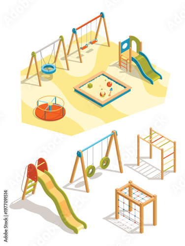 Isometric kids playground set. Isolated icons of play equipment for children. Sports equipment elements. Vector illustration