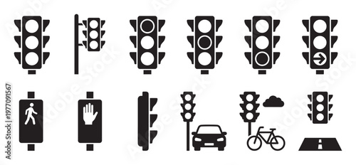 Comprehensive set of black and white traffic light icons, including pedestrian signals, cars, and bicycles, presented in a clean, graphic style