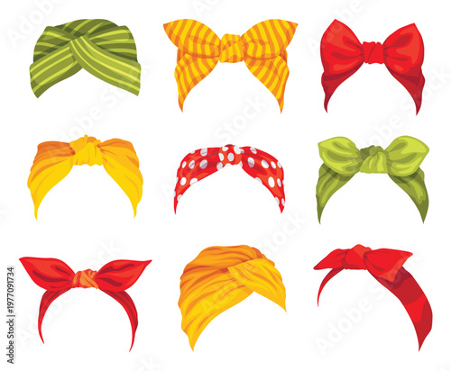 Retro headbands. Cartoon women bandanas. Hairstyle fashion vintage headscarves or fashion lady dressing accessoryes. Vintage feminine headwears or headgears