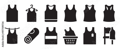 Various black silhouette tank top icons are neatly arranged in two rows, showcasing different styles and laundry activities